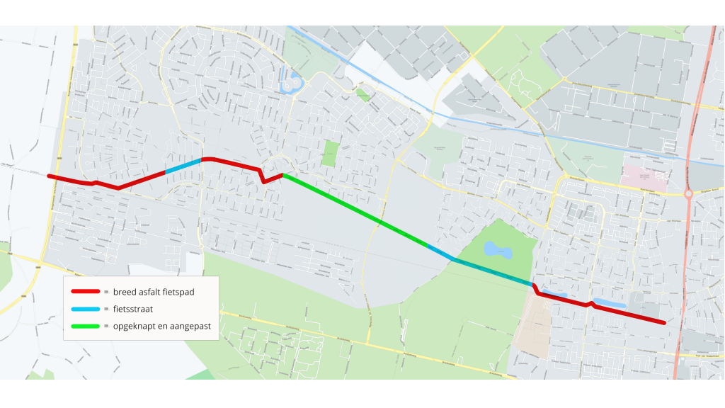 Kaart van de snelfietsroute F58 in Tilburg onderverdeeld in fietsstraten, verbrede en opgeknapte fietspaden