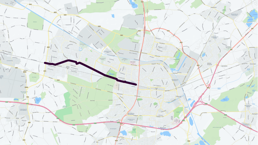 Kaart die de ligging van het gedeelte van de snelfietsroute F58 in Tilburg laat zien 