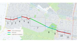 Kaart van de snelfietsroute onderverdeeld in 11 vakken. Elk vak is aangeduid met een nummer. De route is aangeduid in de kleuren rood, blauw en groen. Rood betekent breed asfalt fietspad. Blauw betekent fietsstraat. Groen betekent opgeknapt en aangepast.