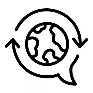 Logo van wereldbol met een praatwolkje eromheen
