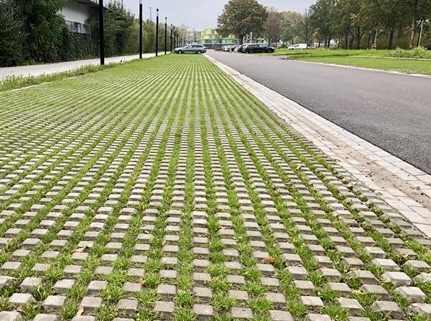 Voorbeeld van een parkeerplaats met grasstenen