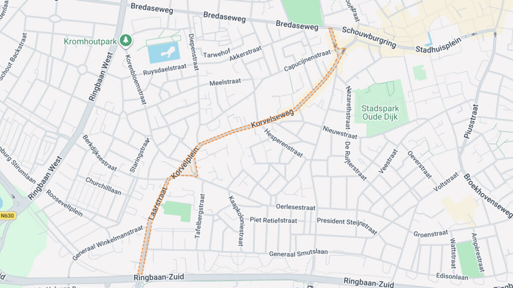 Projectgebied Korvelseweg: de oranje lijn is het projectgebied